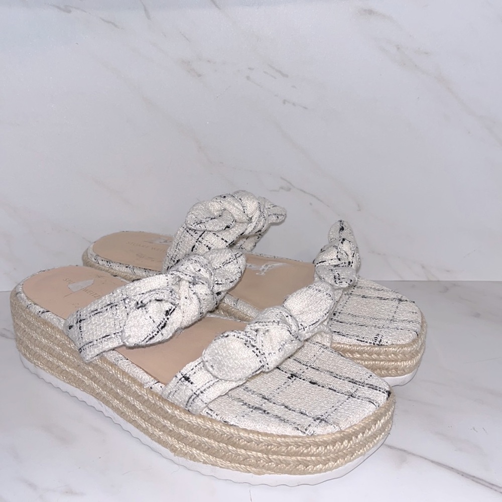 Stuart weitzman tweed platform bandeau bow sandals slides sz 9 / 39.5